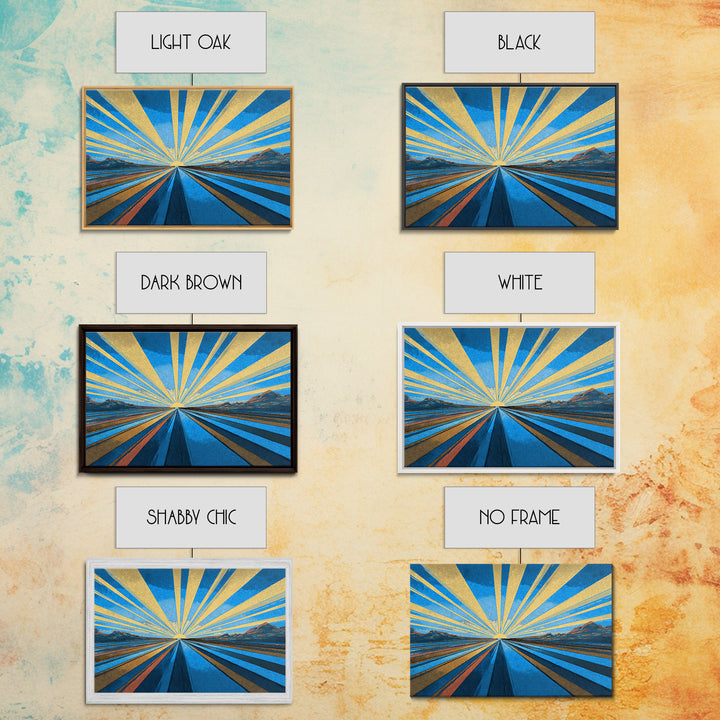 Blue Gold Sunburst Road Wall Art, Midcentury Modern Poster, Geometric Landscape Print, Retro Travel Decor, Office Decor Gift