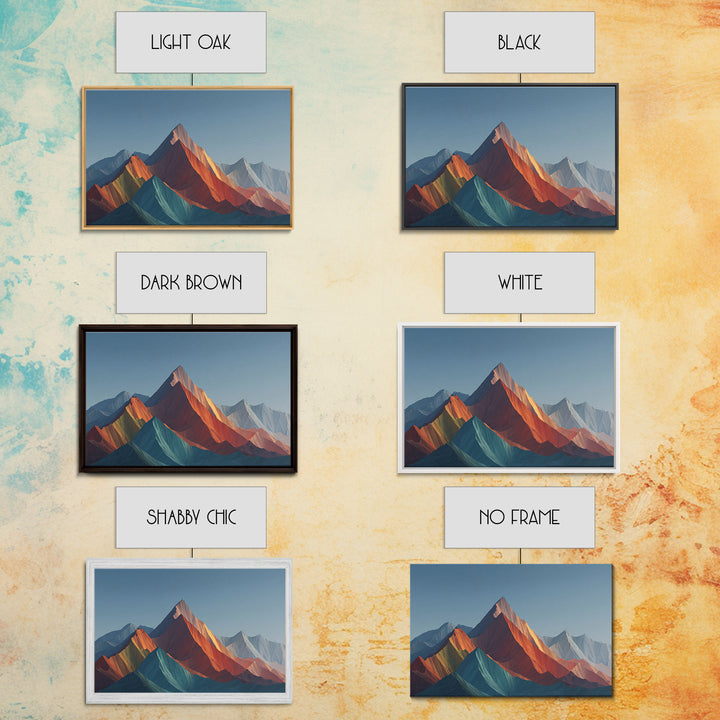 Faceted Rainbow Mountain Range Framed Canvas Print, Mid Century Modern Wall Art, Geometric Landscape, Bold Living Room Home Decor Print