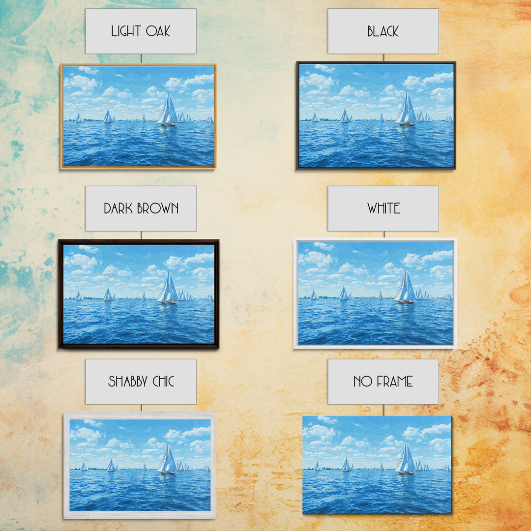 Blue Sailboats On Sparkling Summer Sea Wall Art, Coastal Modern Art Print, Nautical Decor, Beach House Living Room Poster