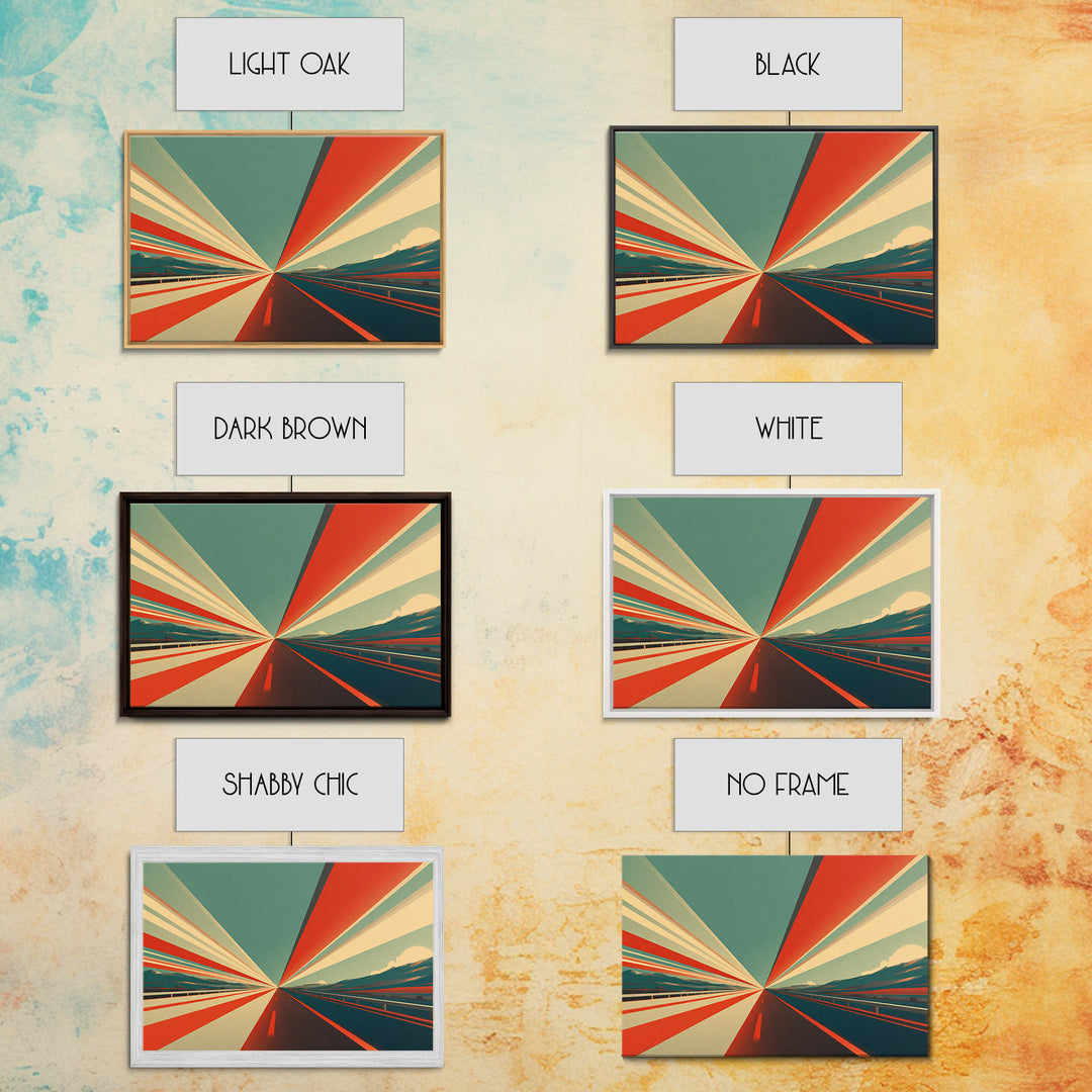 Retro Red Teal Highway Rays Canvas Print, Midcentury Modern Wall Art, Desert Road Poster, Bold Geometric Office Decor Print