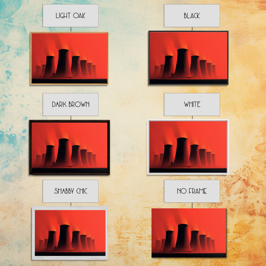 Red Nuclear Cooling Tower Silhouettes Canvas Print, Midcentury Modern Art, Retro Wall Art, Bold Orange Modern Home Decor