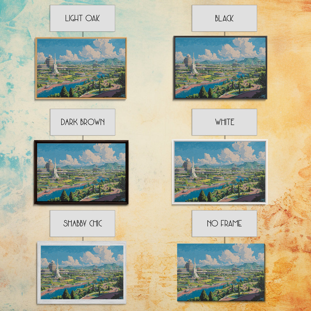 Sunny Retro Future Garden City Canvas Print, Utopian River Skyline, Mountain Landscape, Midcentury Modern Wall Decor Print