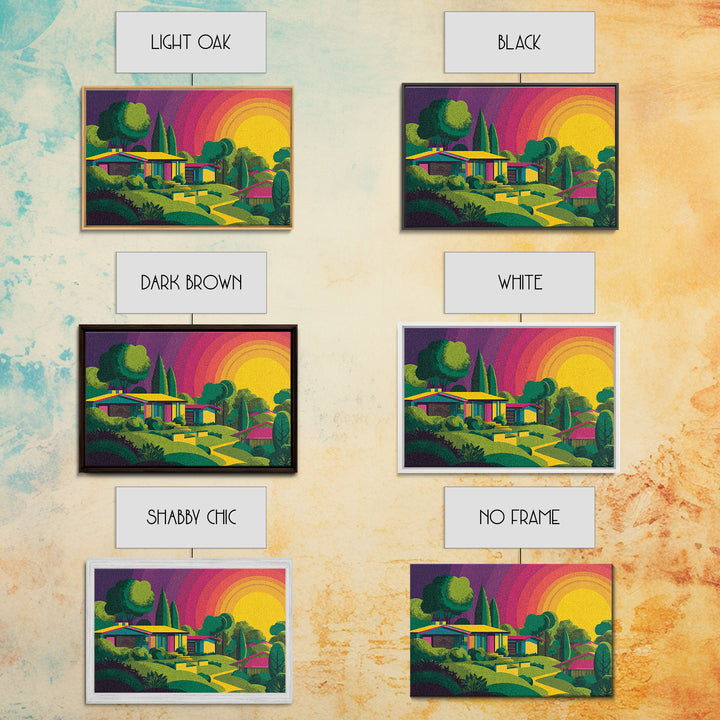 Colorful Midcentury Hillside Home Sunset Wall Art, Retro Palm Springs Decor, MCM Architecture Print, Groovy 70s Art Poster
