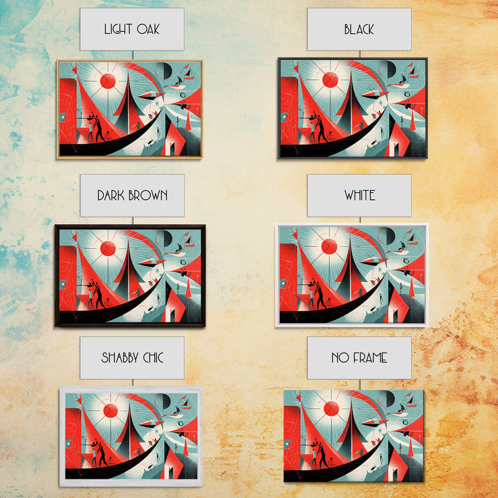 Red Atomic Sailboats And Cosmic Figures Canvas Print, Midcentury Abstract Wall Art, Bauhaus Geometric Retro Poster Decor