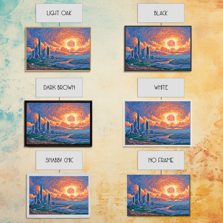 Atomic Sunset Futuristic City Canvas Print, Midcentury Modern Wall Art, Retro Sci Fi Skyline Poster, Colorful MCM Decor