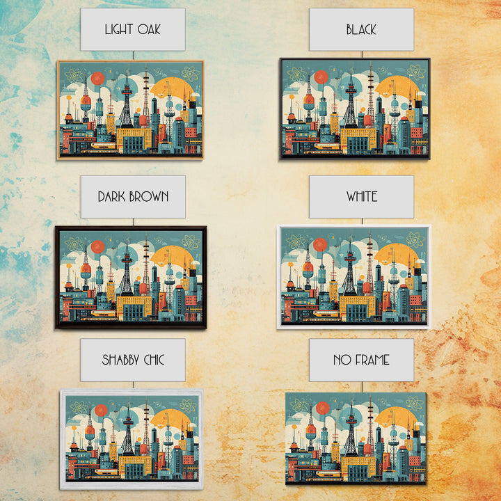 Retro Radio Tower City Collage Wall Art, Midcentury Modern Print, Atomic Skyline Poster, Geometric Urban Home Decor, MCM Office Decor