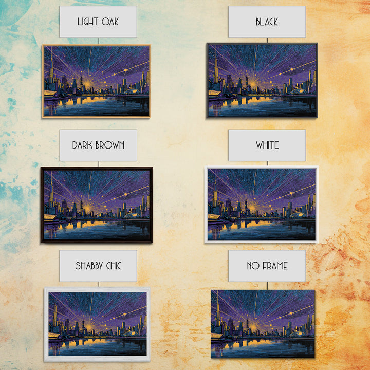 Futuristic Skyline Meteor Shower Wall Art, Midcentury Modern Sci Fi City Poster, Blue Gold Urban Decor, MCM Office Print