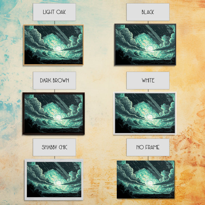 Glowing Meteor Burst In Emerald Clouds Wall Art, Pixel Sci Fi Landscape, Retro Art Poster, Space Abstract Art, Modern Wall Decor