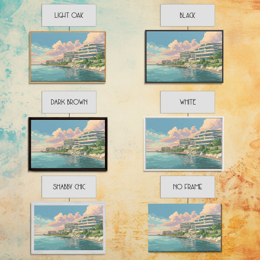 Pastel Coastal Modernist Apartments Canvas Print, Seaside Wall Art, Contemporary Print, Neutral Blue Home Decor, Ocean View Poster