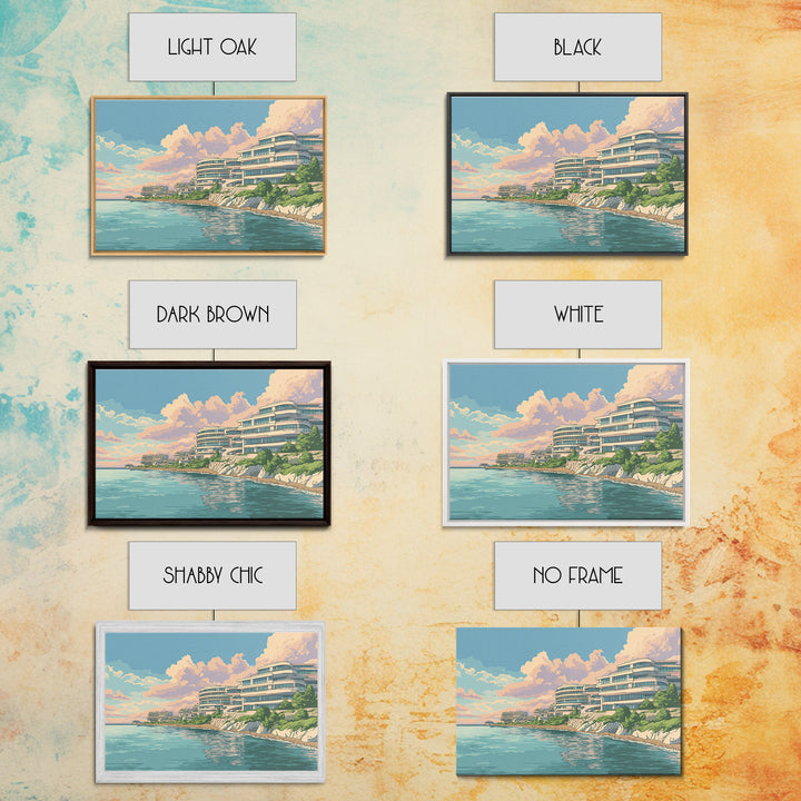 Pastel Coastal Modernist Apartments Canvas Print, Seaside Wall Art, Contemporary Print, Neutral Blue Home Decor, Ocean View Poster