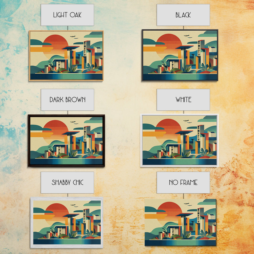 Geometric Coastal City Sunset Canvas Print, Mid Century Modern Wall Art, Bauhaus Poster, Colorful Abstract Home Decor Print