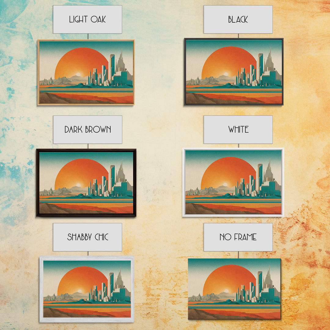 Desert Metropolis With Giant Orange Sun Framed Canvas Print, Mid Century Modern Wall Art, Retro Futuristic Poster, Office Decor
