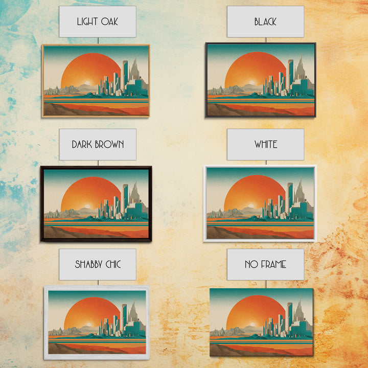 Desert Metropolis With Giant Orange Sun Framed Canvas Print, Mid Century Modern Wall Art, Retro Futuristic Poster, Office Decor