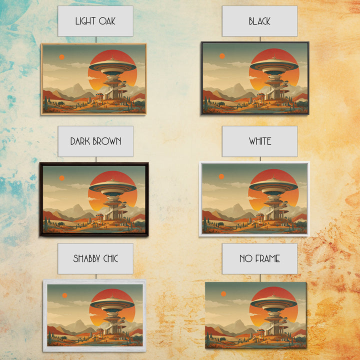 Retro Space Age Saucer Tower In Desert Framed Canvas Print, Mid Century Modern Wall Art, Sci Fi Poster, Statement Decor Print