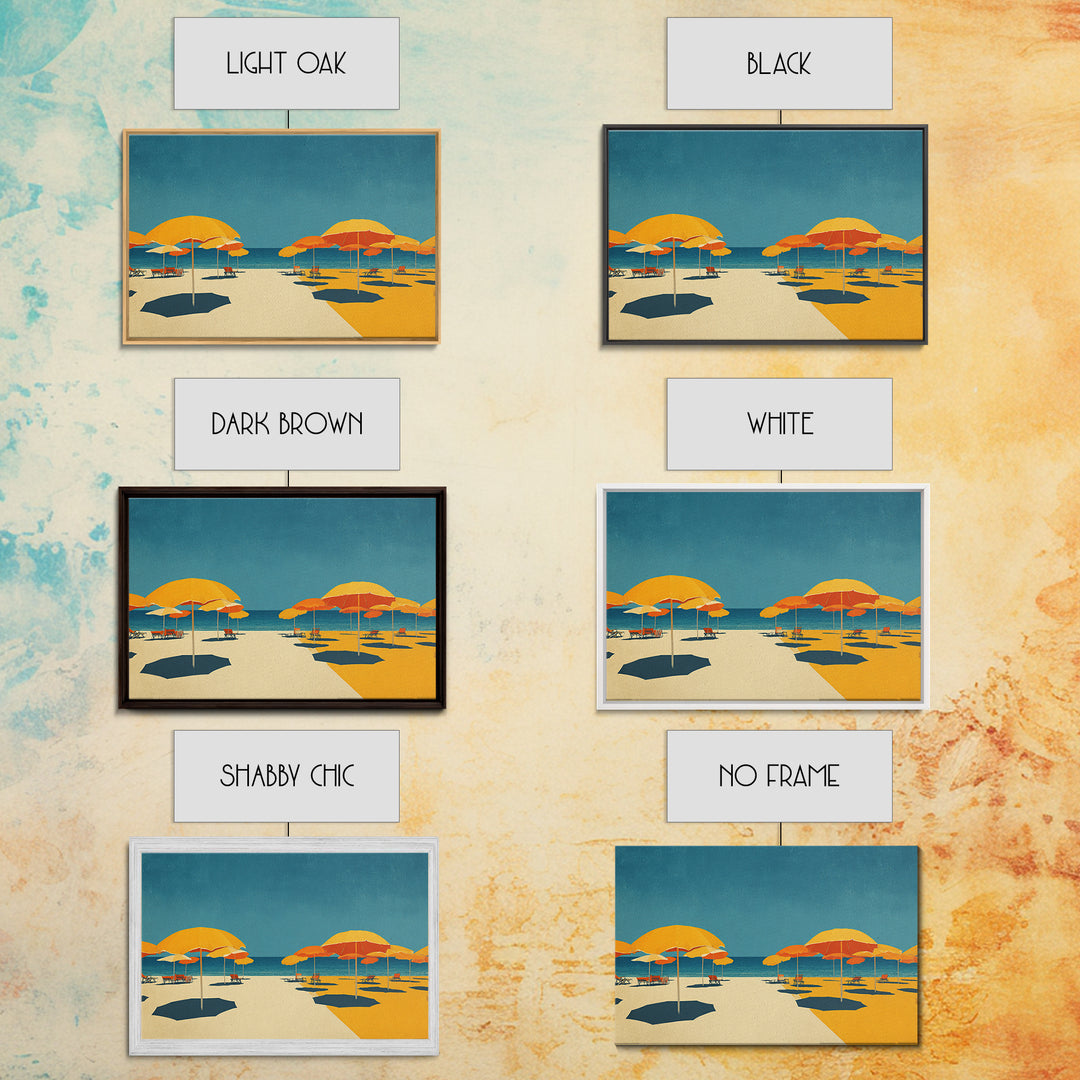 Sunny Yellow Beach Umbrellas Wall Art, Retro Coastal Canvas, Midcentury Modern Decor, Ocean Summer Print For Living Room