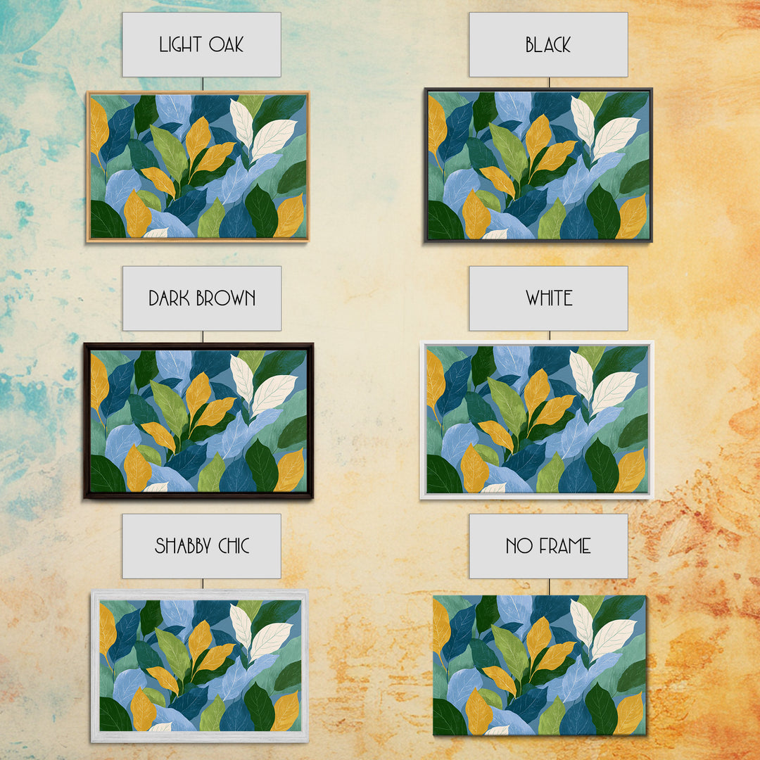 Layered Blue Green And Gold Leaves Wall Art, Botanical Midcentury Modern Art Print, Nature Decor For Bedroom Living Room