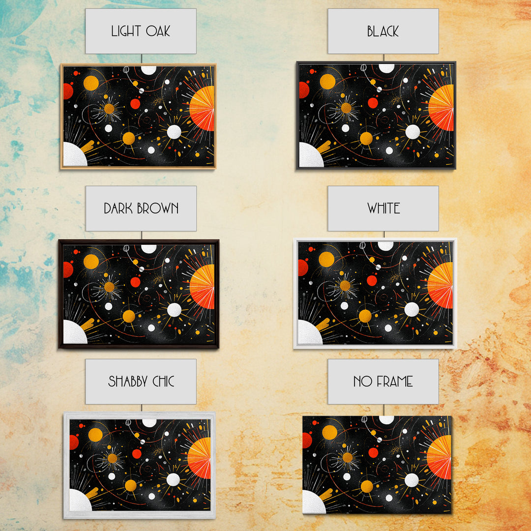Atomic Black Cosmic Orbits With Red And Gold Suns Wall Art, Mid Century Modern Space Abstract Print, Retro MCM Wall Decor