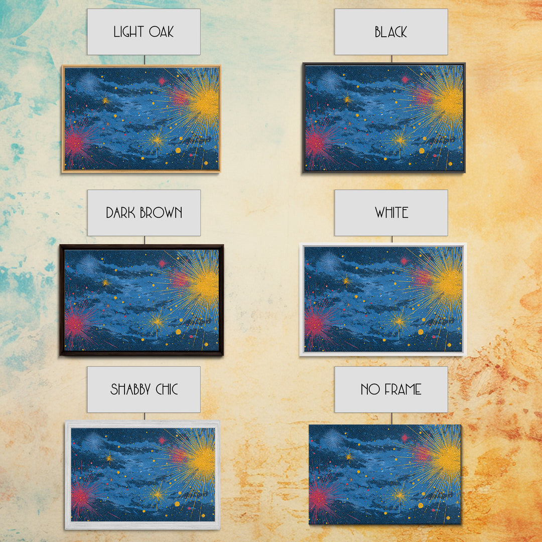 Blue Nebula Sky With Yellow Pink Starbursts Canvas Print, Mid Century Modern Space Abstract Art, Retro Colorful Wall Decor