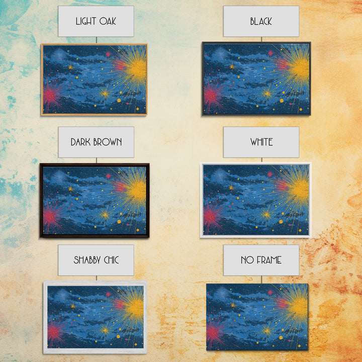 Blue Nebula Sky With Yellow Pink Starbursts Canvas Print, Mid Century Modern Space Abstract Art, Retro Colorful Wall Decor