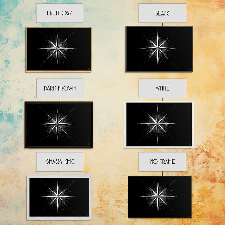 Sharp White Starburst On Deep Black Canvas Print, Minimalist Geometric Wall Art, Modern Abstract Poster, Retro MCM Decor