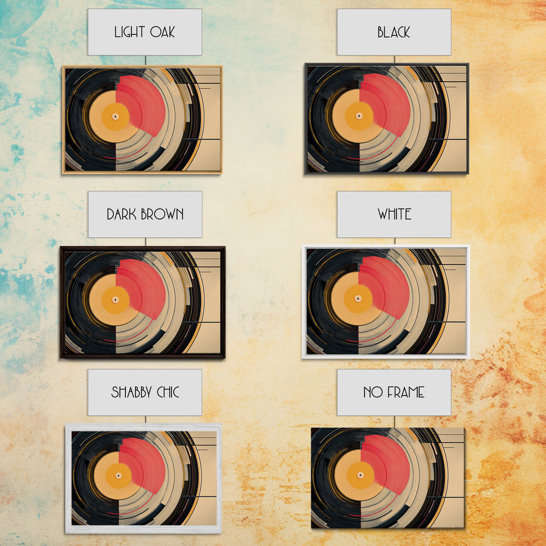 Coral And Gold Vinyl Circles Framed Canvas Print, Mid Century Modern Wall Decor, Abstract Record Art, Bold MCM Home Art Poster