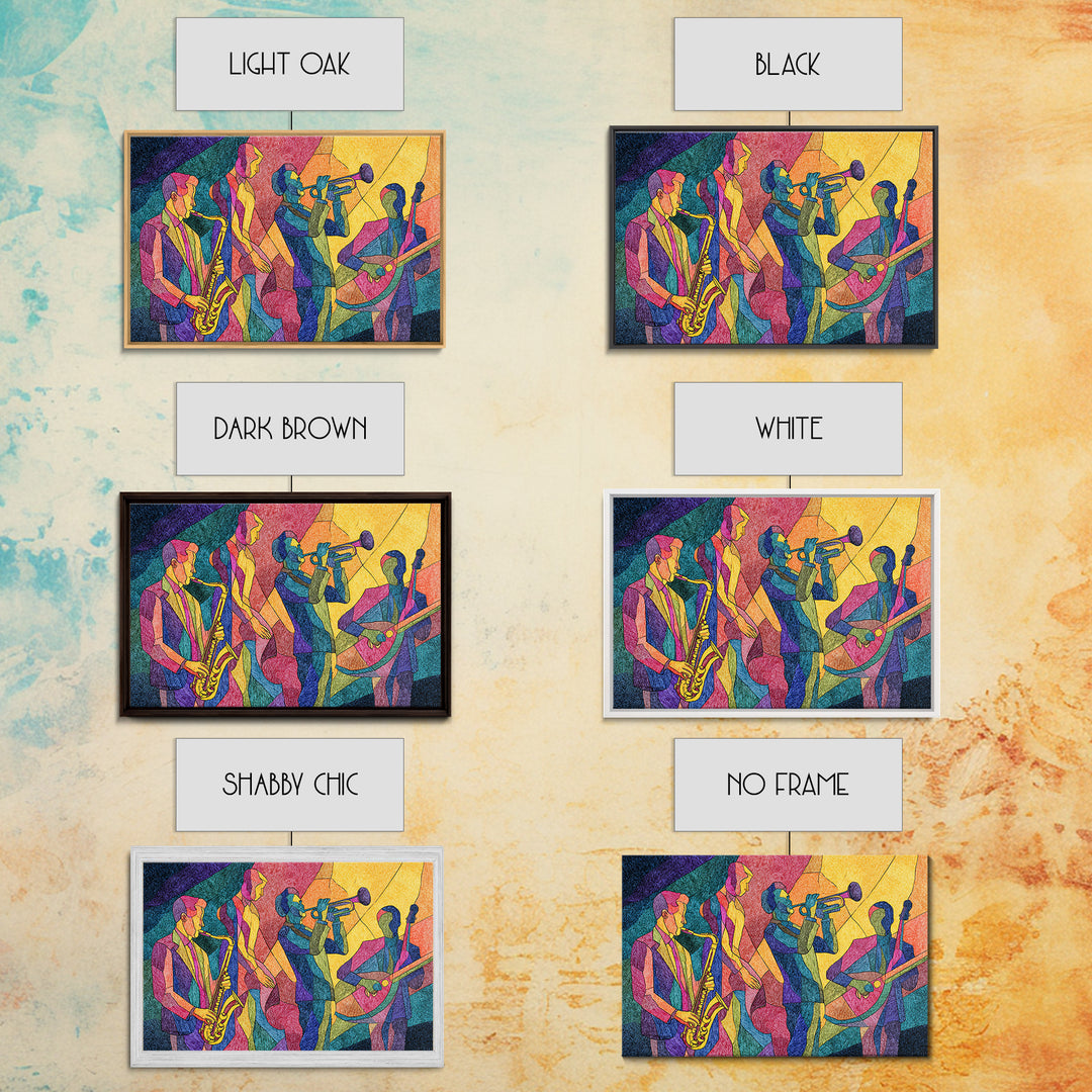Colorful Cubist Jazz Band With Saxophone And Trumpet Wall Art, Midcentury Modern Art Print, Vibrant Music Room Decor, Poster