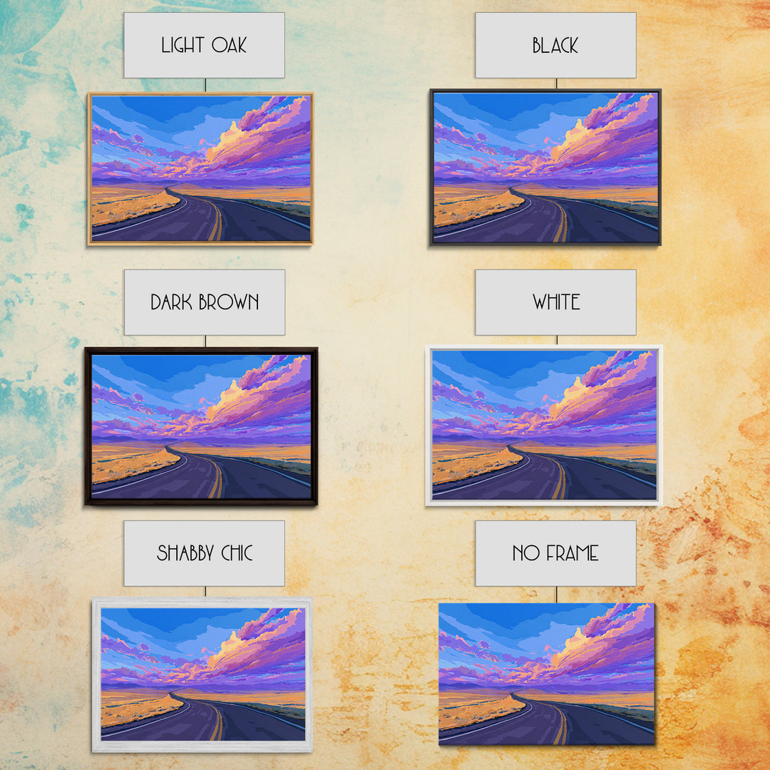 Purple Sunset Open Road Wall Art, Colorful Desert Landscape, Modern Art Print, Retro Poster, Living Room Home Office Decor