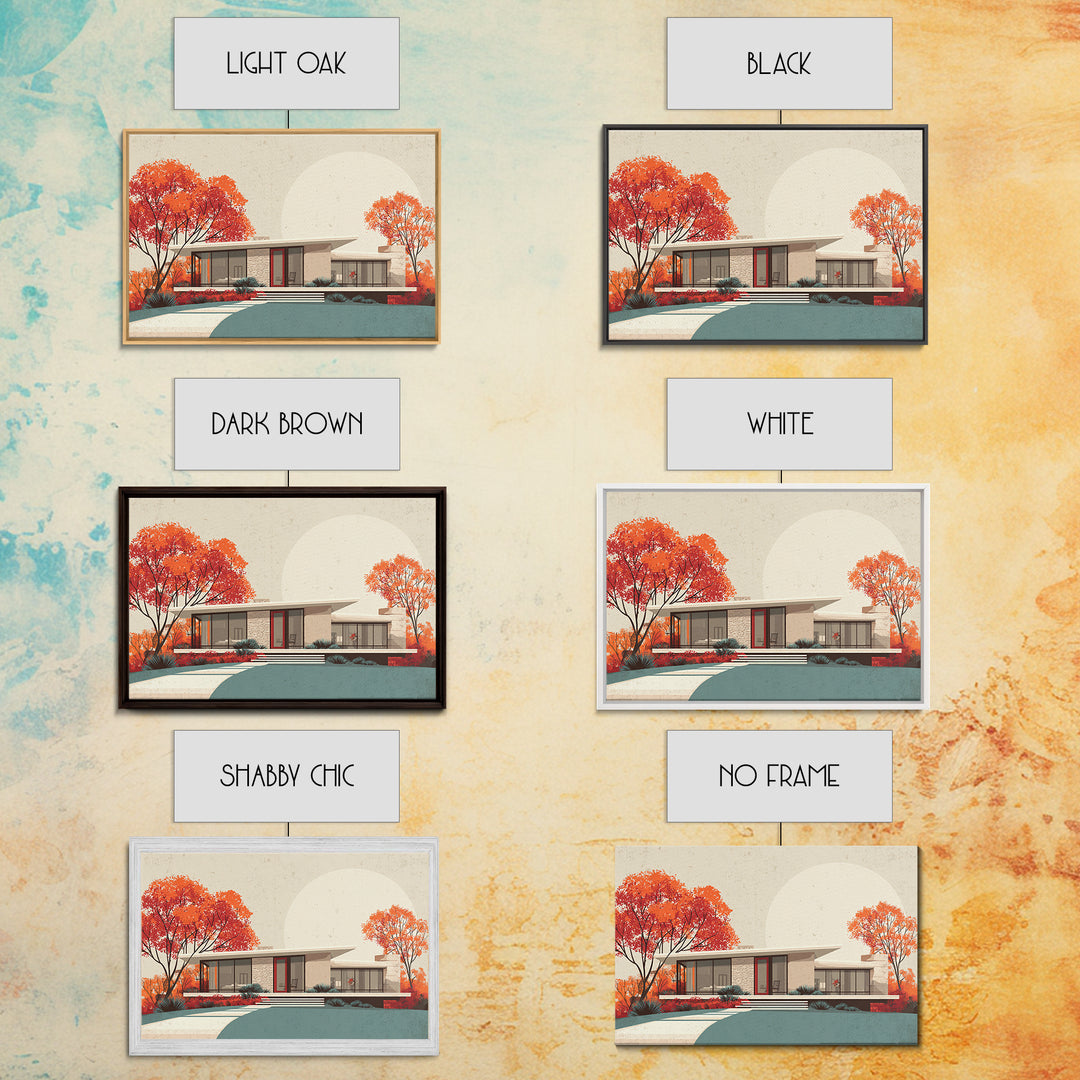 Autumn Mid Century House With Orange Trees Wall Art, Retro Modern Architecture Print, MCM Home Decor, Large Canvas Poster