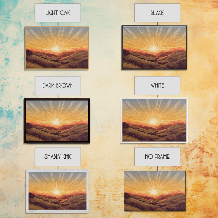 Golden Sunrise Over Rolling Hills Wall Art, Scenic Landscape Poster, Mid Century Modern Nature Art, Warm Bedroom Decor Print