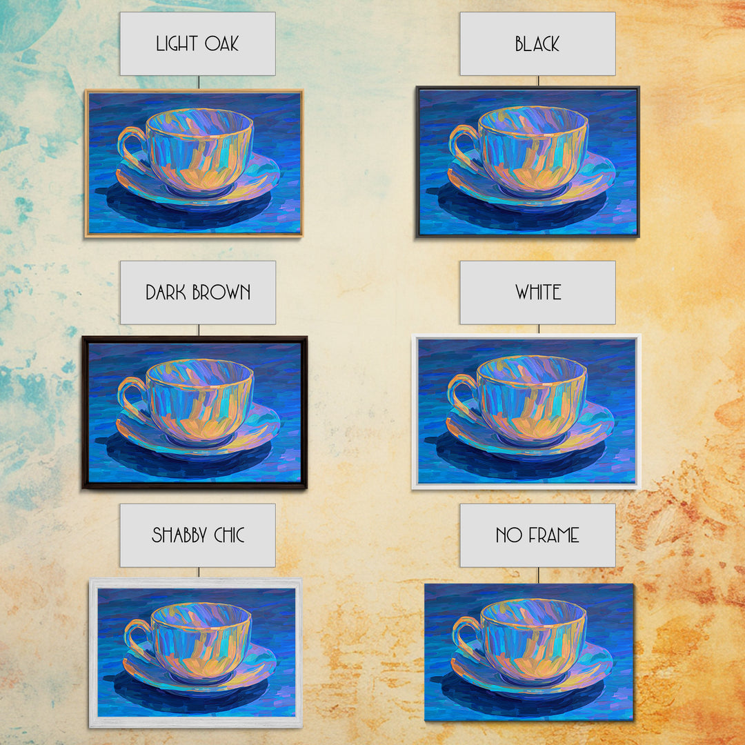 Iridescent Blue Teacup Still Life, Canvas Print, Colorful Modern Art Print, Painterly Cafe Decor, Vibrant Kitchen Wall Art