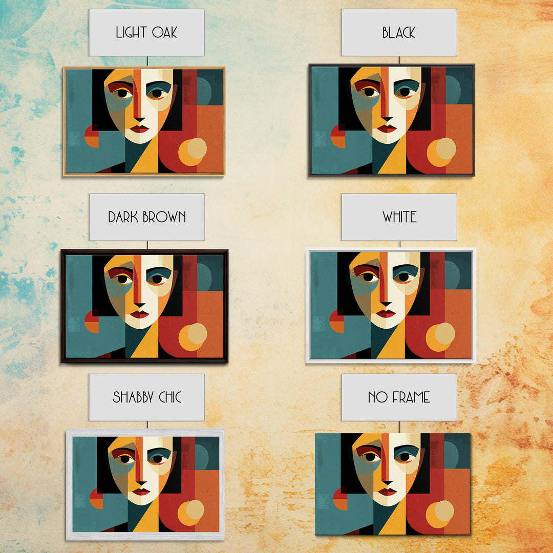 Cubist Geometric Woman Face Framed Canvas Print, Midcentury Modern Art, Bauhaus Poster, Color Block Living Room Wall Decor