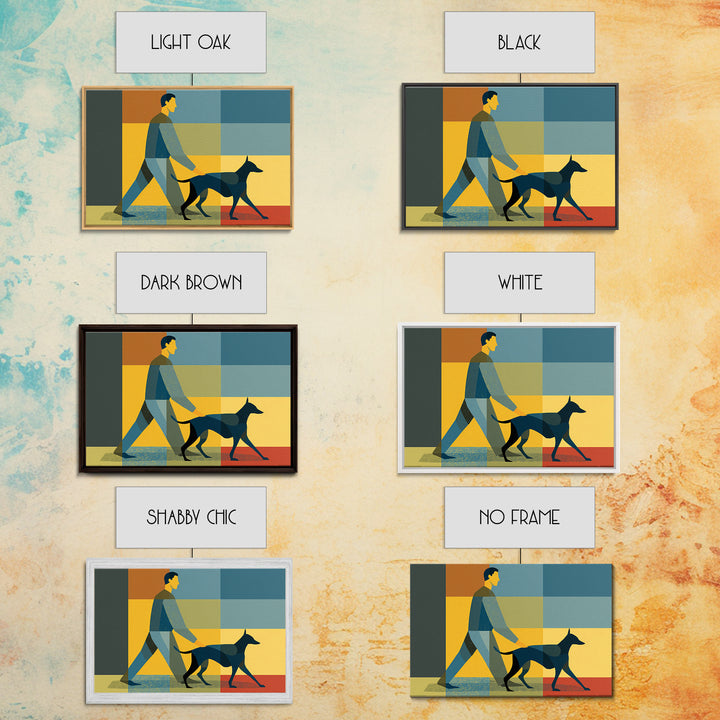 Man Walking Dog Color Block Wall Art, Midcentury Modern Print, Retro Geometric Poster, Blue Yellow Living Room Home Decor