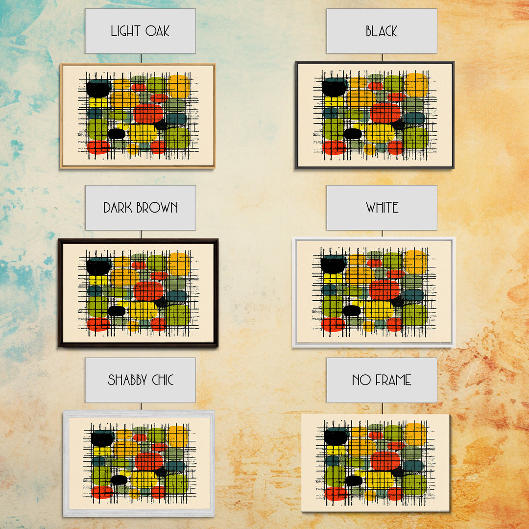 Colorful Grid Abstract Painting, Midcentury Modern Wall Art, Geometric Shapes Poster, Retro MCM Home Decor Canvas Print Gift