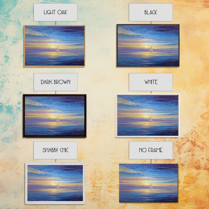 Sunset Sailboat Ocean Framed Canvas Print, Colorful Seascape Wall Art, Coastal Modern Decor, Blue Purple Living Room Art