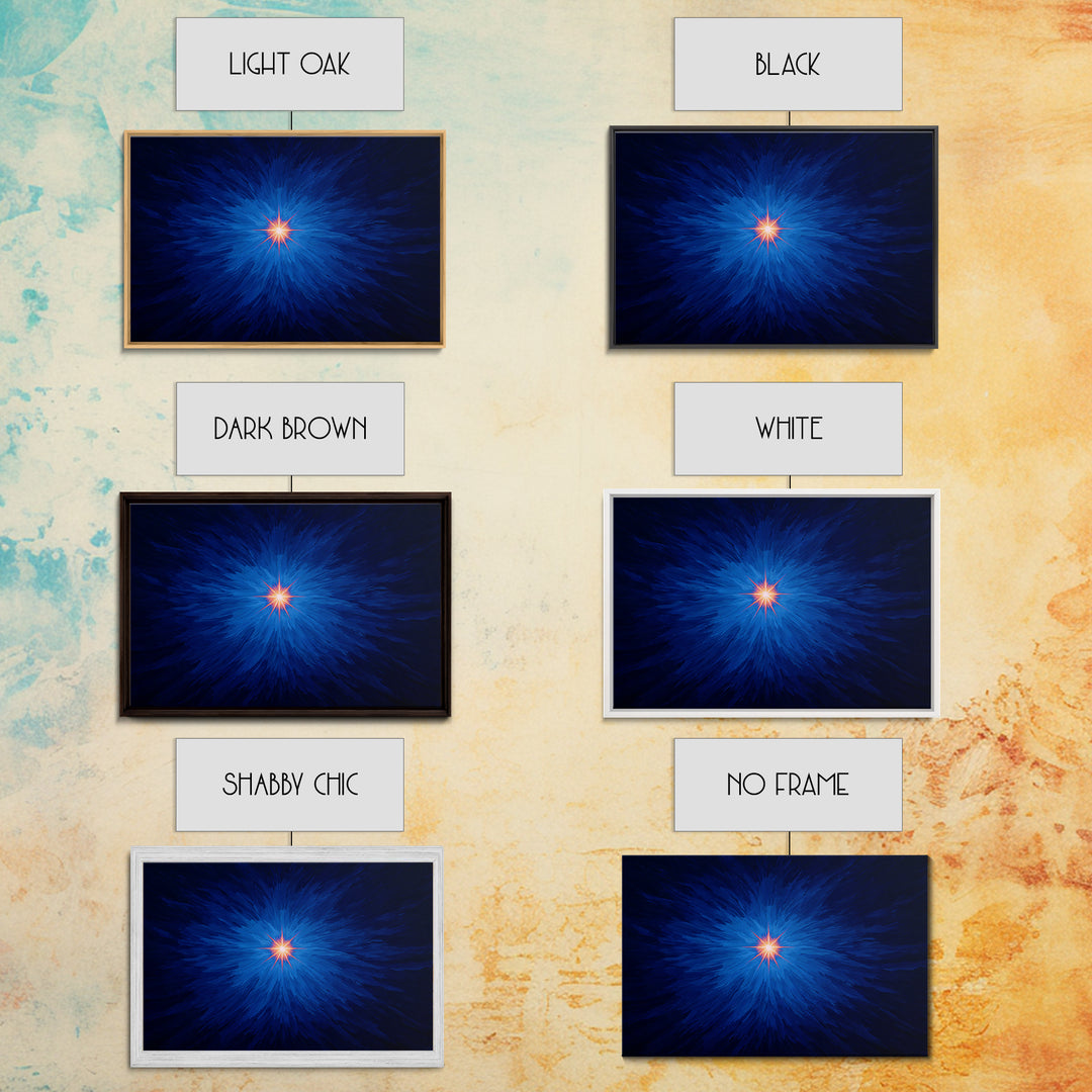 Electric Blue Cosmic Burst With Orange Star Center Canvas Print, Modern Abstract Art, Space Wall Decor For Bedroom And Office