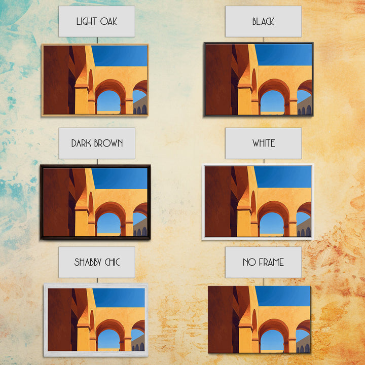 Golden Arches And Blue Sky Shadows Wall Art, Mediterranean Architectural Print, Modern Home Decor For Entryway And Office