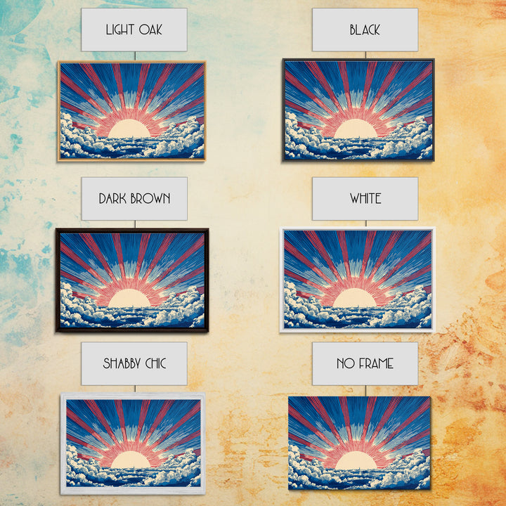 Radiant Sun Above Cloud Sea Canvas Print, Midcentury Modern Art, Retro Sun Poster, Blue Red Rays For Bedroom Wall Decor Prints
