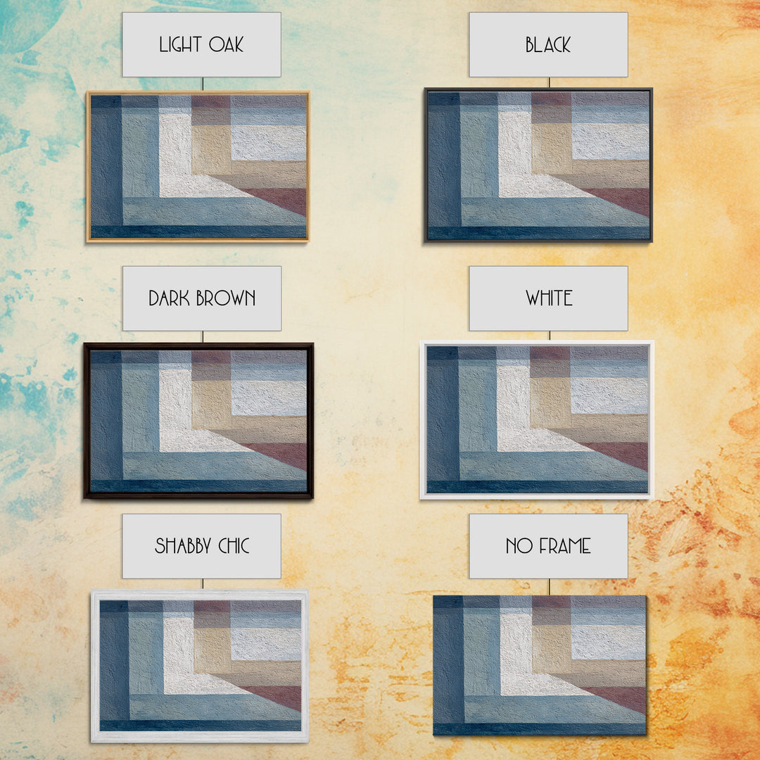 Muted Blue Beige Geometric Blocks Framed Canvas Print, Minimalist Modern Abstract Art, Neutral Wall Decor For Living Room