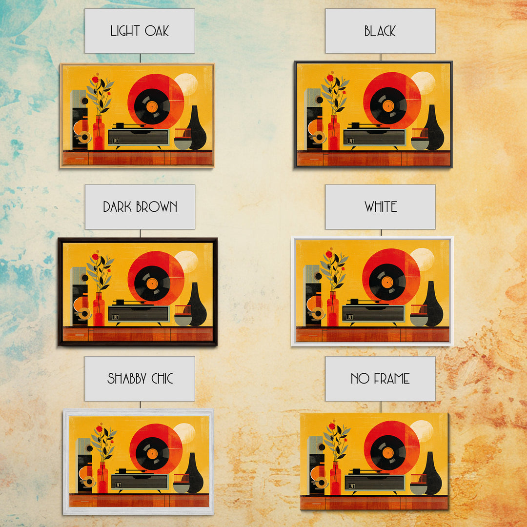 Bold Yellow Stereo And Red Vinyl, Mid Century Modern Canvas Print, Retro Music Room Wall Decor, MCM Record Player Poster