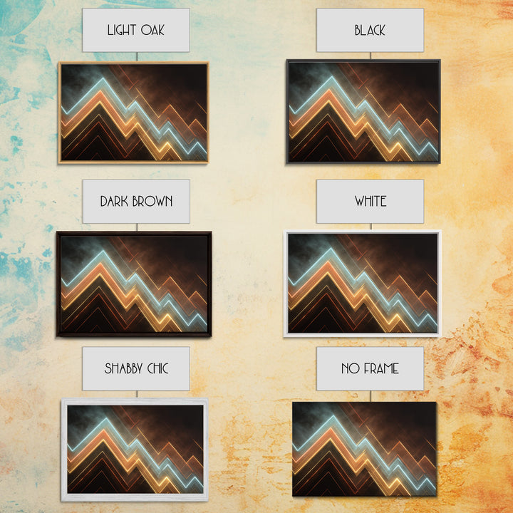 Glowing Neon Chevron Lines In Smoky Dark, Canvas Print, Geometric Wall Art, Modern Abstract Poster For Office Or Game Room