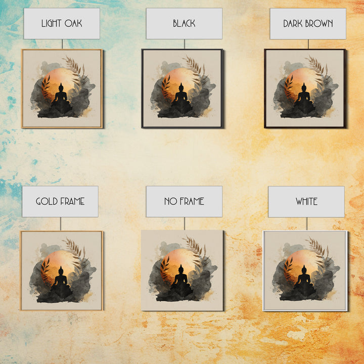 Buddha Silhouette Surrounded by Warm Light Framed Canvas Print, Meditation Art, Boho Decor, Living Room Decor, Oil Painting, MED-1x1-79