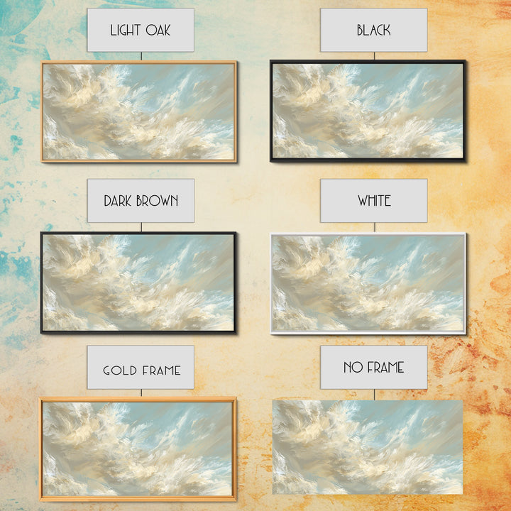 Angelic Light Rays Through Abstract Clouds Framed Canvas Print, Meditation Art, Canvas Art, Living Room Decor, Stillness, MED-2x1-90