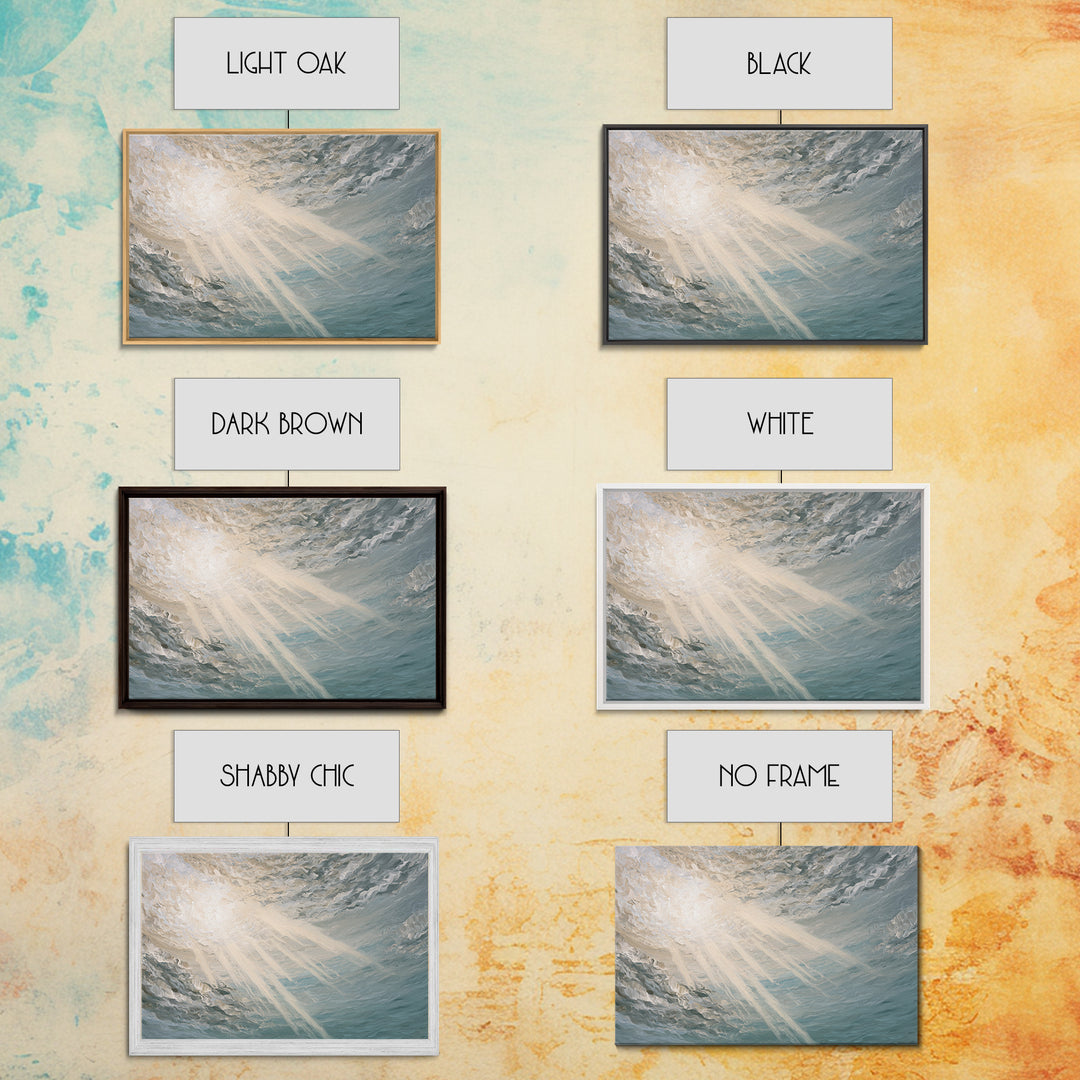 Angelic Light Rays Through Abstract Clouds Framed Canvas Print, Meditation Art, Minimalist Art, Living Room Decor, Stillness, MED-3x2-74