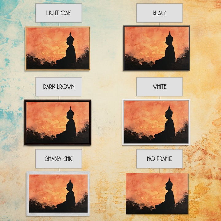 Buddha Silhouette Surrounded by Warm Light Canvas Print, Meditation Art, Boho Wall Decor, Living Room Decor, Stillness, MED-3x2-83
