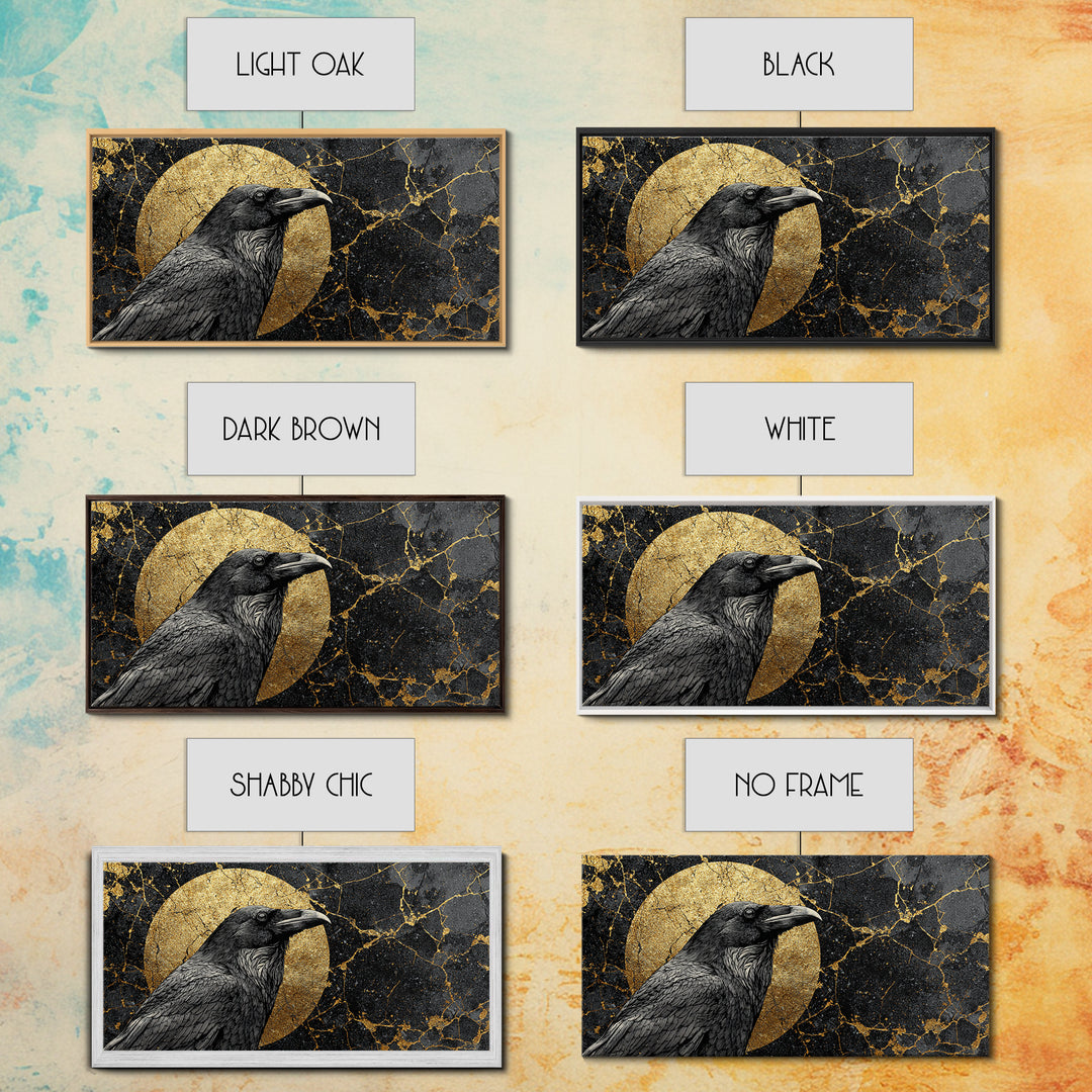Raven Gold Canvas Print, Dark Bird Art With Lunar Circle Design, Real Wood Frame Wall Décor, Mystical Gothic Nature Artwork