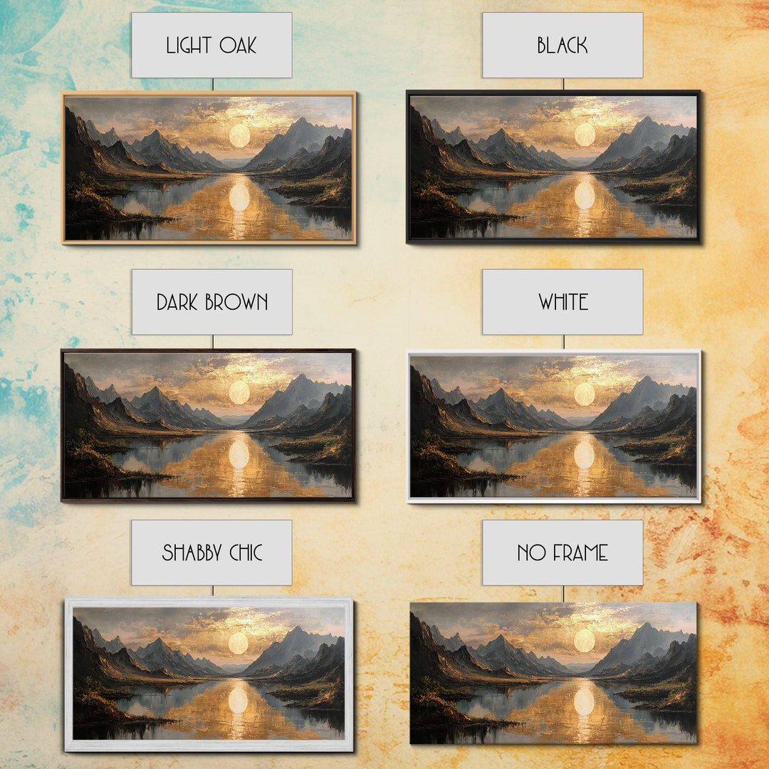 Mountain Lake Gold Canvas Print, Golden Sun Over Peaks And Reflection Art, Real Wood Frame Wall Décor, Tranquil Landscape Artwork