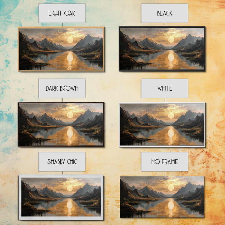 Mountain Lake Gold Canvas Print, Golden Sun Over Peaks And Reflection Art, Real Wood Frame Wall Décor, Tranquil Landscape Artwork