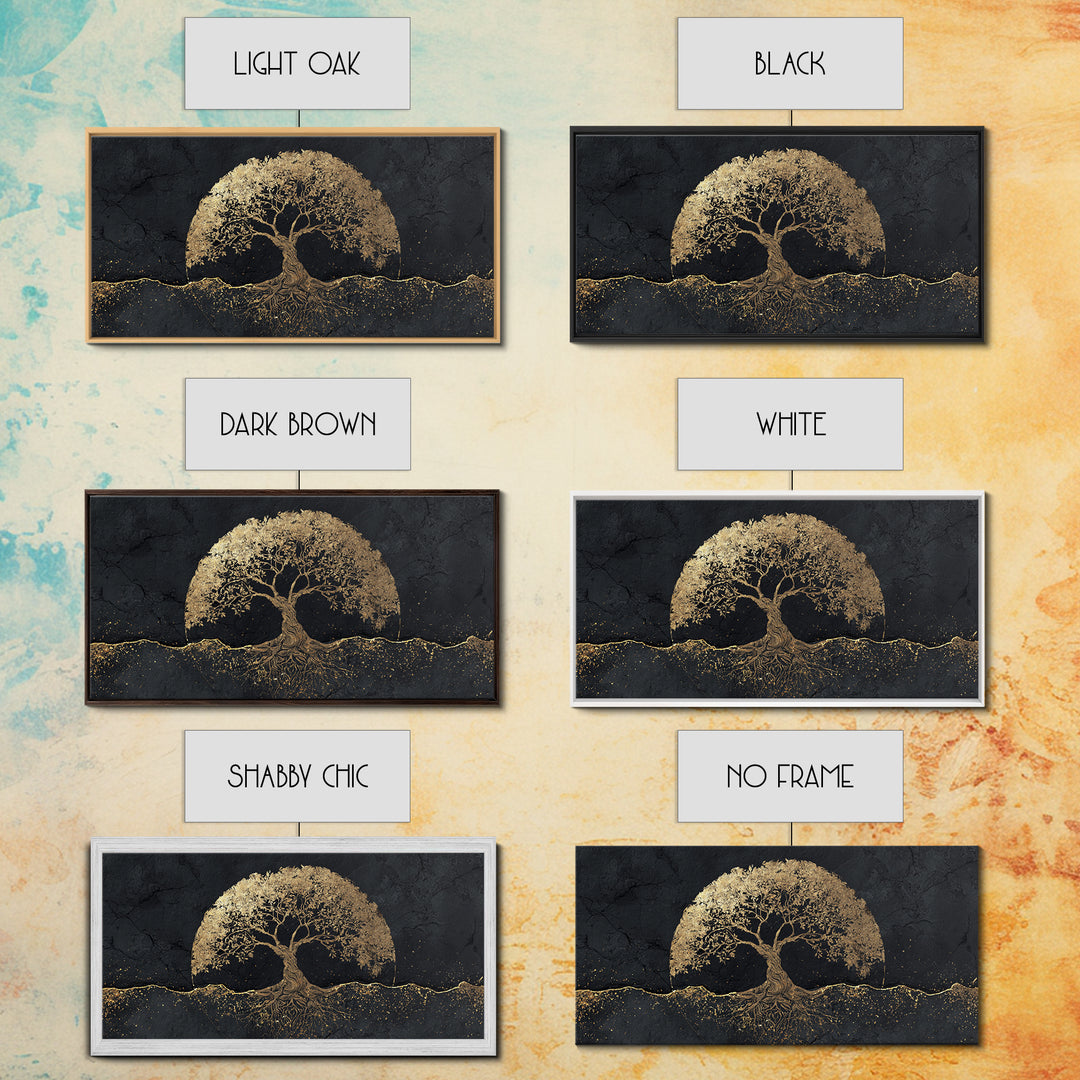 Sacred Tree Gold Canvas Art, Symbolic Roots And Branches Canvas Print, Real Wood Frame Wall Décor, Mystical Spiritual Nature Artwork