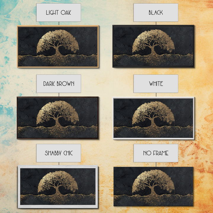Sacred Tree Gold Canvas Art, Symbolic Roots And Branches Canvas Print, Real Wood Frame Wall Décor, Mystical Spiritual Nature Artwork