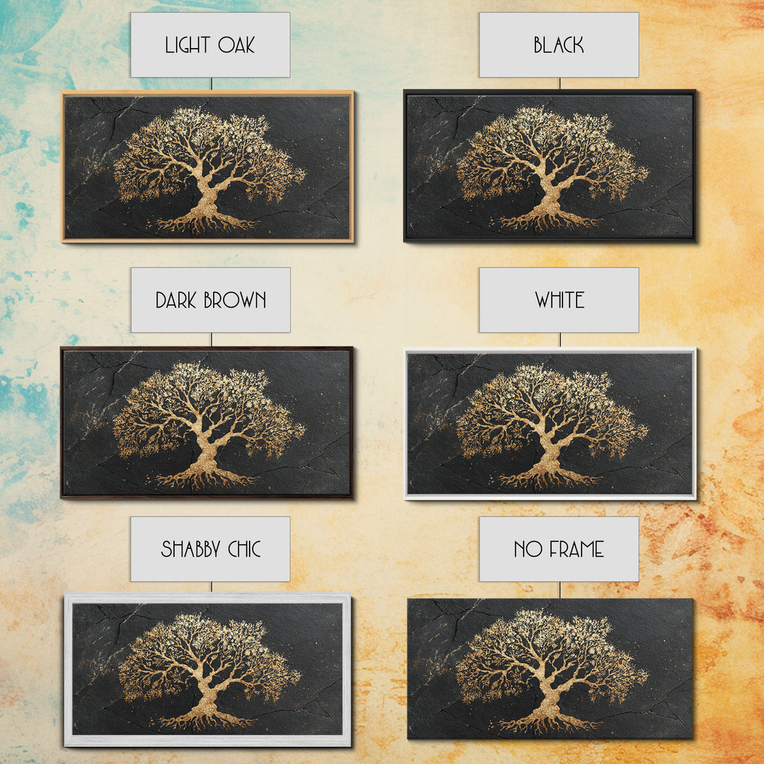 Ancient Oak Gold Canvas Print, Timeless Tree Of Life Design Artwork, Real Wood Frame Wall Décor, Nature Inspired Mystical Symbol Art